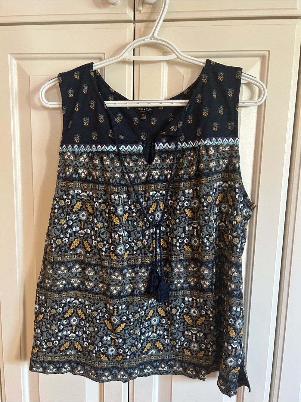 Lucky Brand Sleeveless Printed Boho Tassel Tank Top - Navy & Mustard